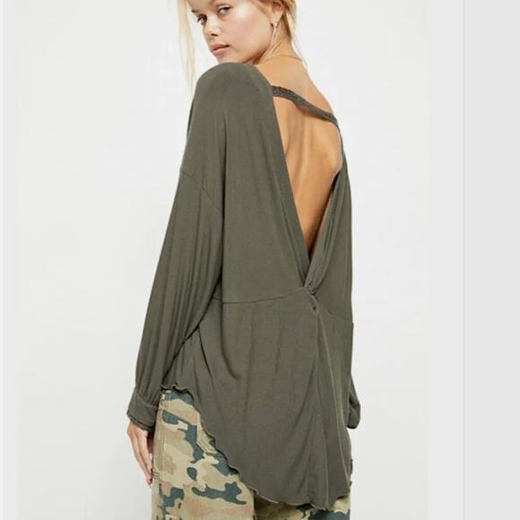 Free People Tops - Free People Shimmy Shake Army Green Open Back Twist Lace Trim Long Sleeve Top